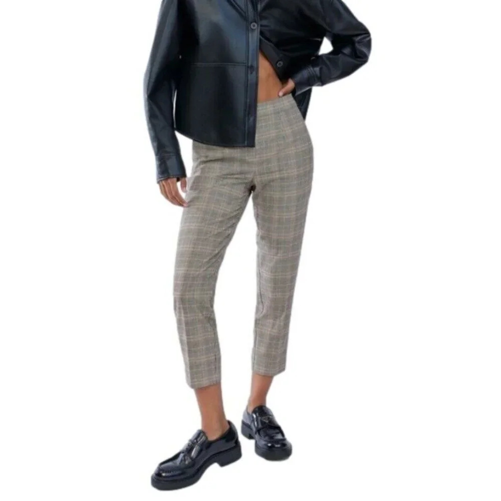 Aritzia Babaton Grey Micro Plaid High Rise‎ Pull On Trousers